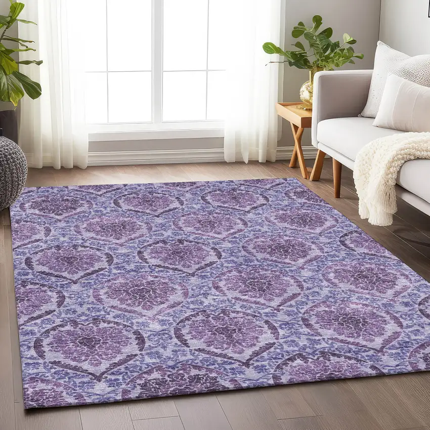 Eggplant And Silver Medallion Washable Area Rug With UV Protection Photo 6