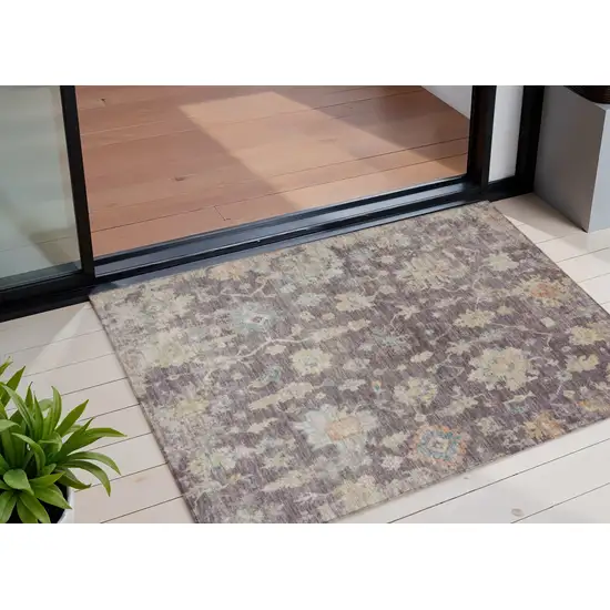 Eggplant Beige And Blue Floral Washable Indoor Outdoor Area Rug Photo 1