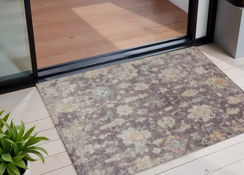 Eggplant Beige And Blue Floral Washable Indoor Outdoor Area Rug Photo 1