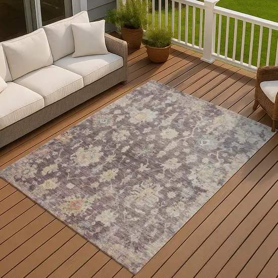 Eggplant Beige And Blue Floral Washable Indoor Outdoor Area Rug Photo 2