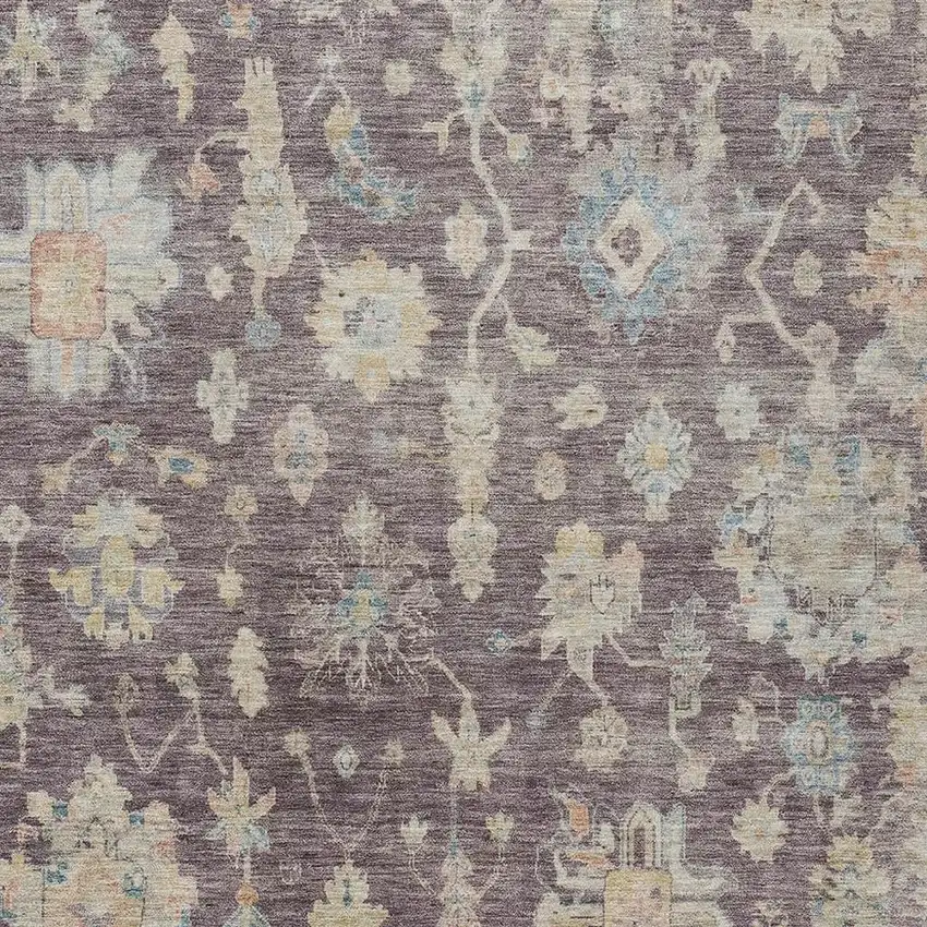 Eggplant Beige And Blue Floral Washable Indoor Outdoor Area Rug Photo 3