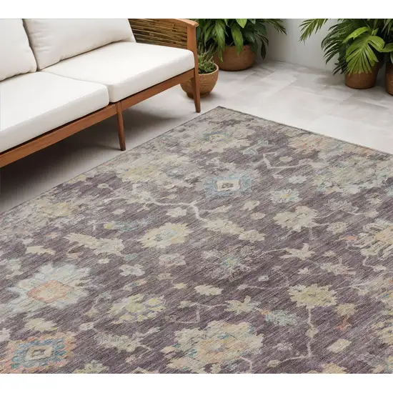 Eggplant Beige And Blue Floral Washable Indoor Outdoor Area Rug Photo 1