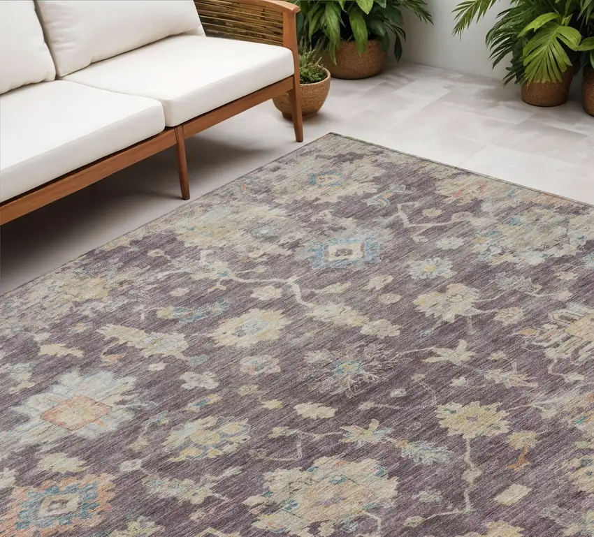 Eggplant Beige And Blue Floral Washable Indoor Outdoor Area Rug Photo 1