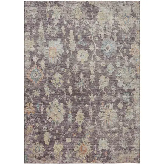 Eggplant Beige And Blue Floral Washable Indoor Outdoor Area Rug Photo 7