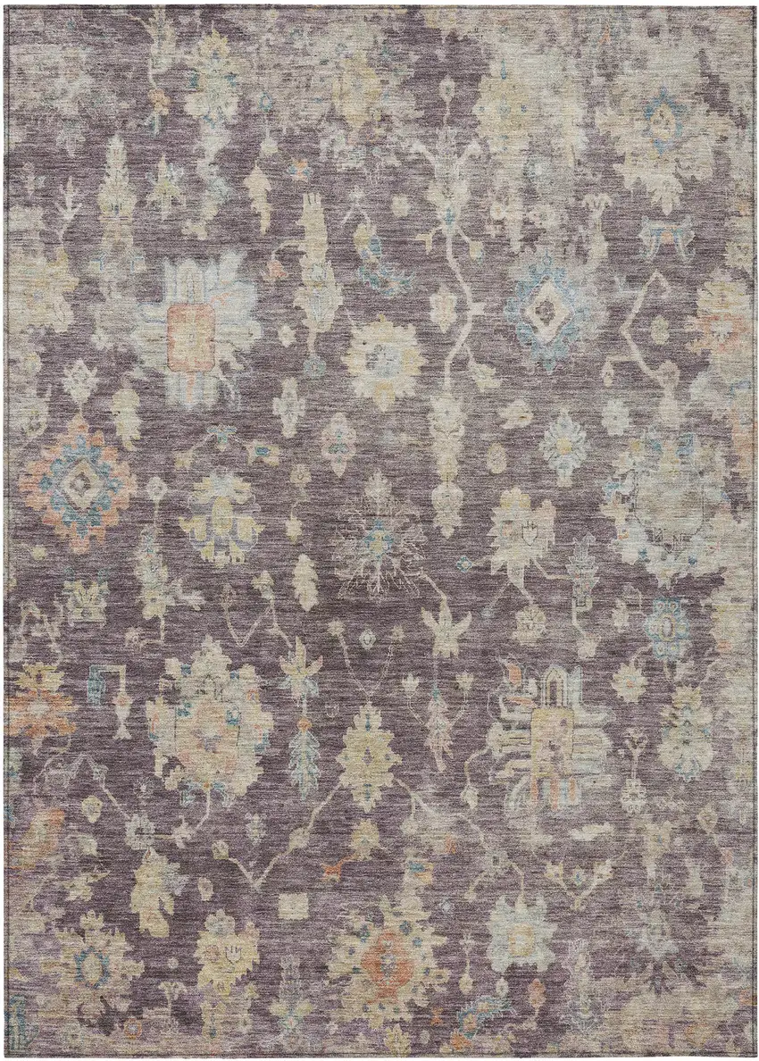 Eggplant Beige And Blue Floral Washable Indoor Outdoor Area Rug Photo 7