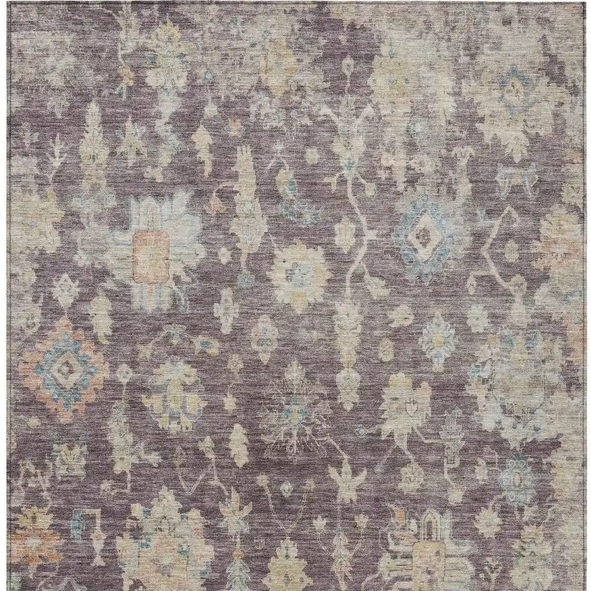 Eggplant Beige And Blue Floral Washable Indoor Outdoor Area Rug Photo 4