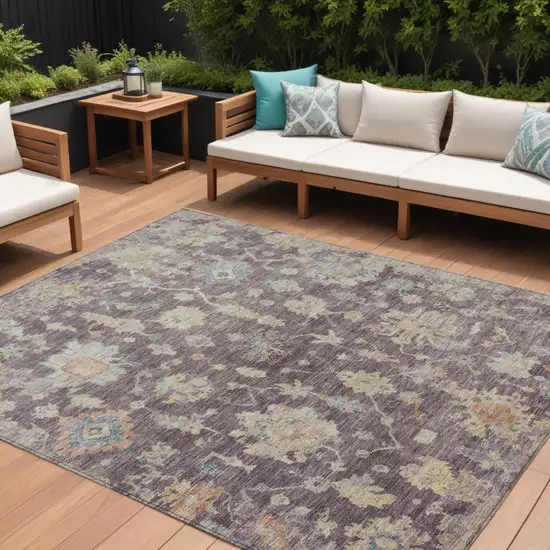 Eggplant Beige And Blue Floral Washable Indoor Outdoor Area Rug Photo 1