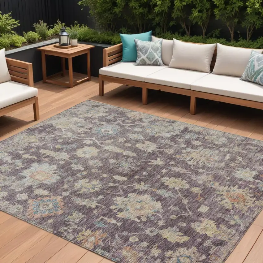 Eggplant Beige And Blue Floral Washable Indoor Outdoor Area Rug Photo 1