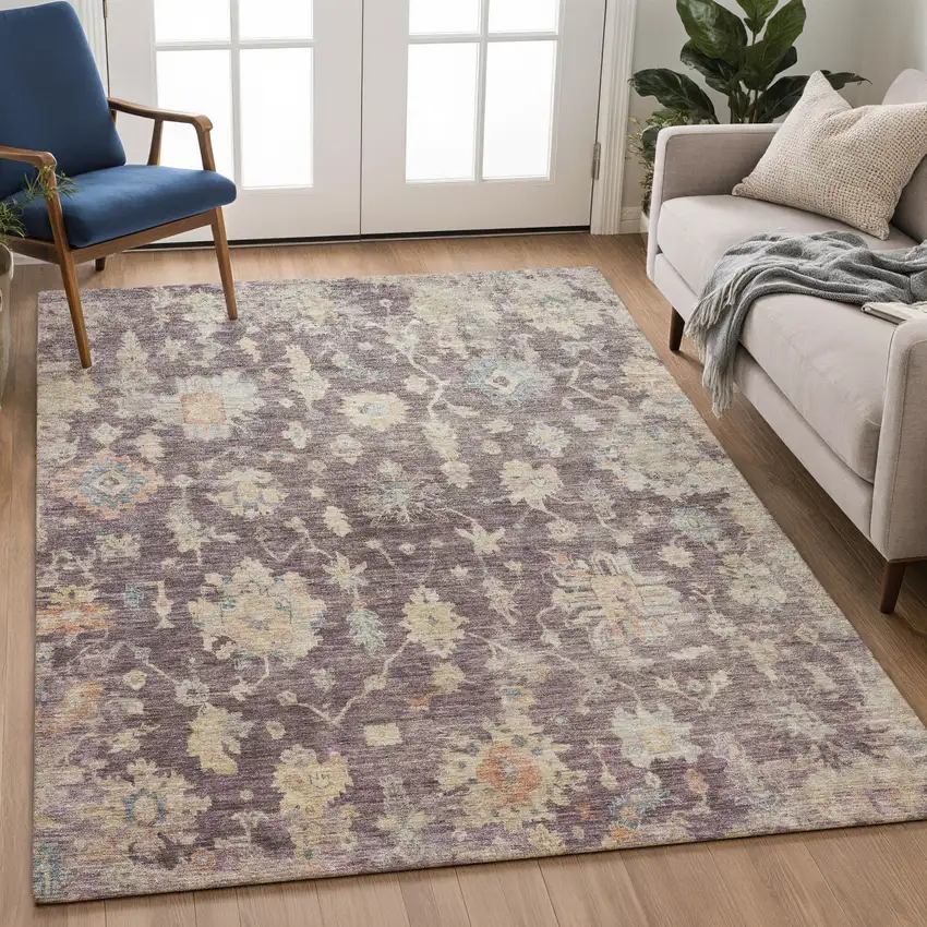 Eggplant Beige And Blue Floral Washable Indoor Outdoor Area Rug Photo 3