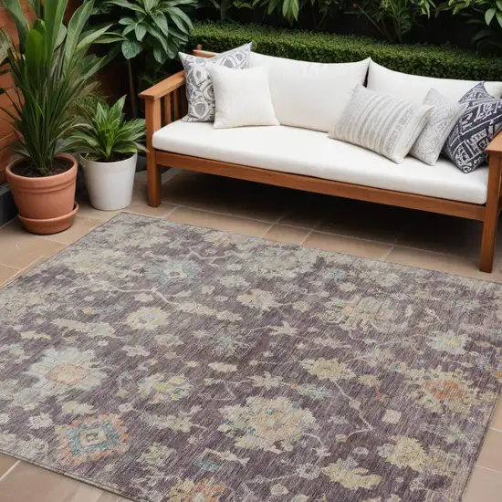 Eggplant Beige And Blue Floral Washable Indoor Outdoor Area Rug Photo 1