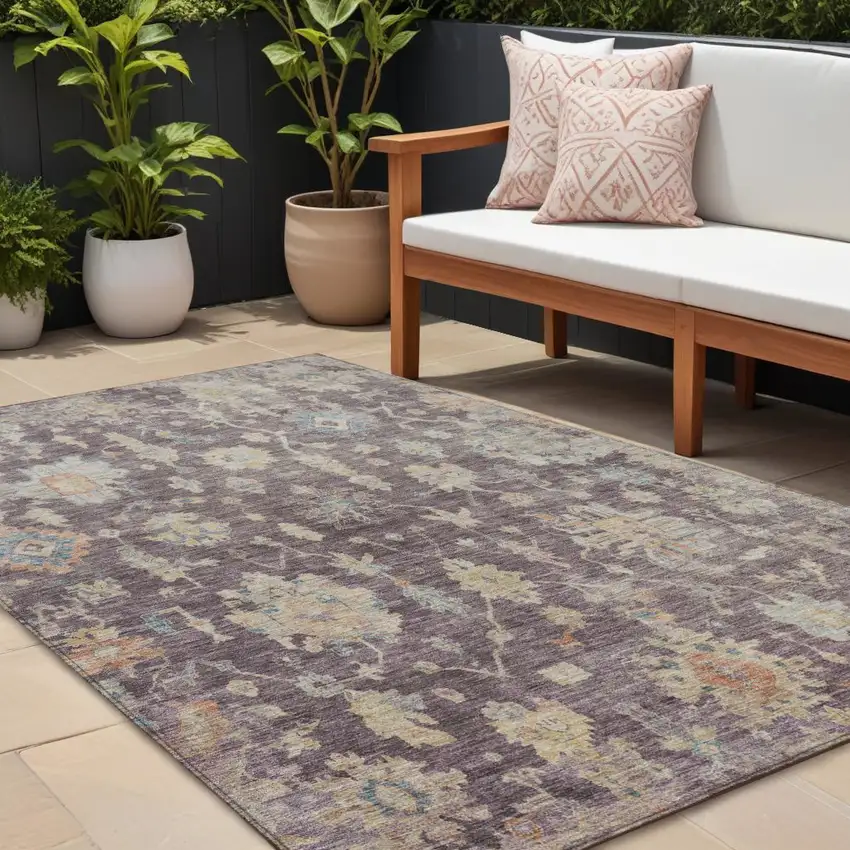 Eggplant Beige And Blue Floral Washable Indoor Outdoor Area Rug Photo 1