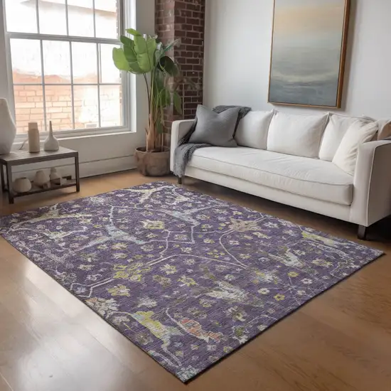 Eggplant Beige And Gold Floral Washable Indoor Outdoor Area Rug Photo 9