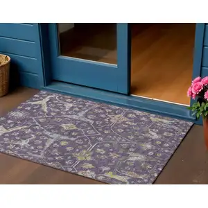 Photo of Eggplant Beige And Gold Floral Washable Indoor Outdoor Area Rug