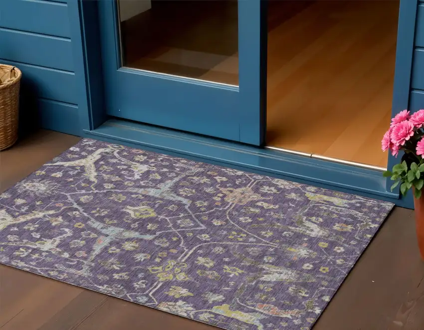 Eggplant Beige And Gold Floral Washable Indoor Outdoor Area Rug Photo 1