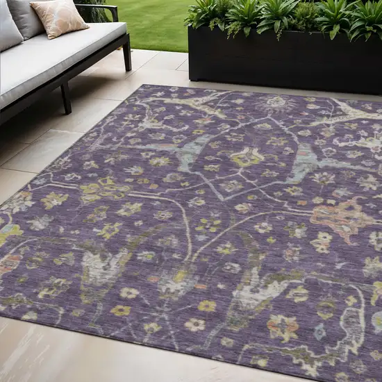 Eggplant Beige And Gold Floral Washable Indoor Outdoor Area Rug Photo 1