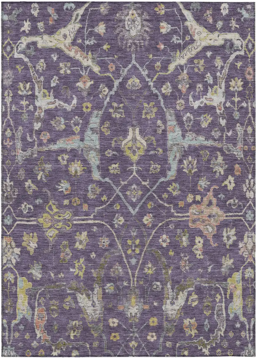 Eggplant Beige And Gold Floral Washable Indoor Outdoor Area Rug Photo 2