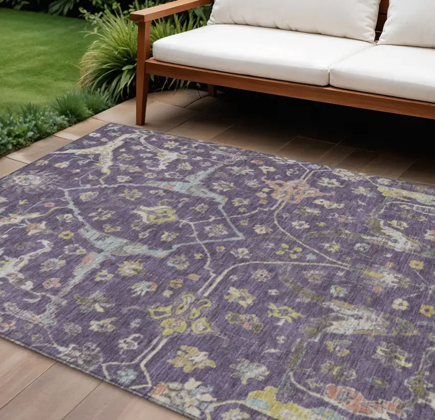 Eggplant Beige And Gold Floral Washable Indoor Outdoor Area Rug Photo 1