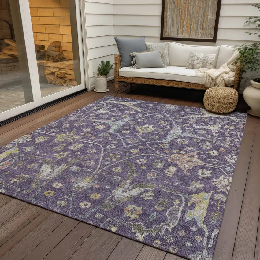 Eggplant Beige And Gold Floral Washable Indoor Outdoor Area Rug Photo 9