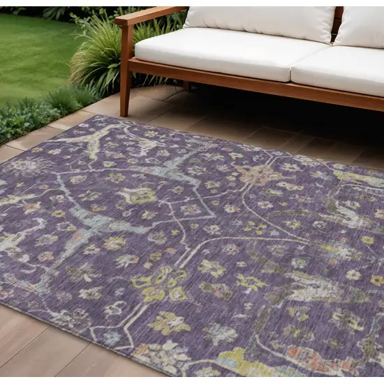Eggplant Beige And Gold Floral Washable Indoor Outdoor Area Rug Photo 1