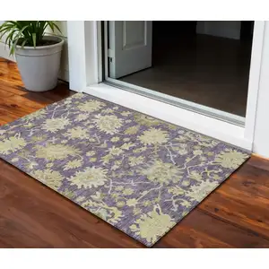 Photo of Eggplant Beige And Green Floral Washable Indoor Outdoor Area Rug