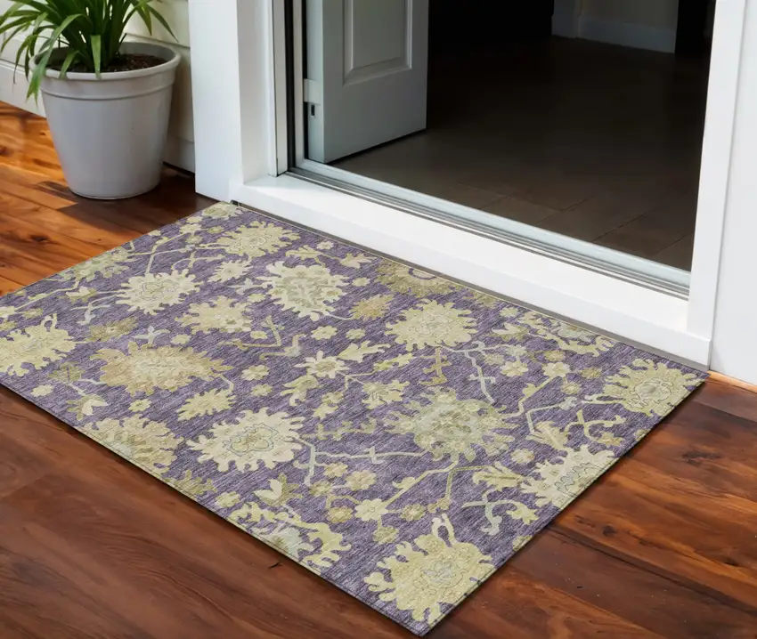 Eggplant Beige And Green Floral Washable Indoor Outdoor Area Rug Photo 1