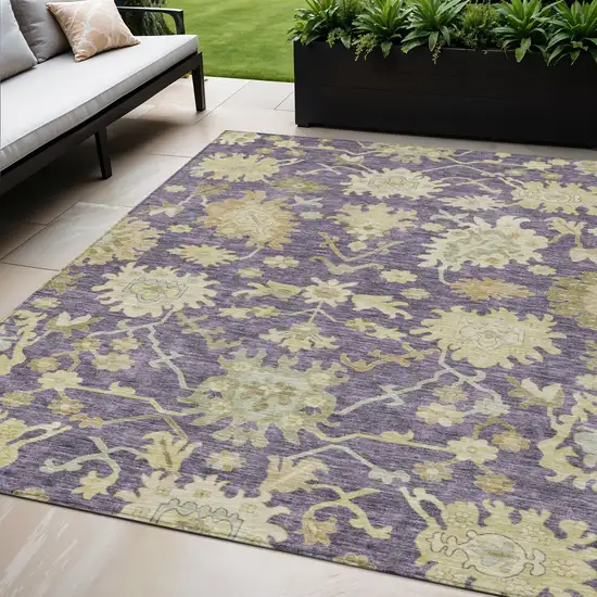 Eggplant Beige And Green Floral Washable Indoor Outdoor Area Rug Photo 1