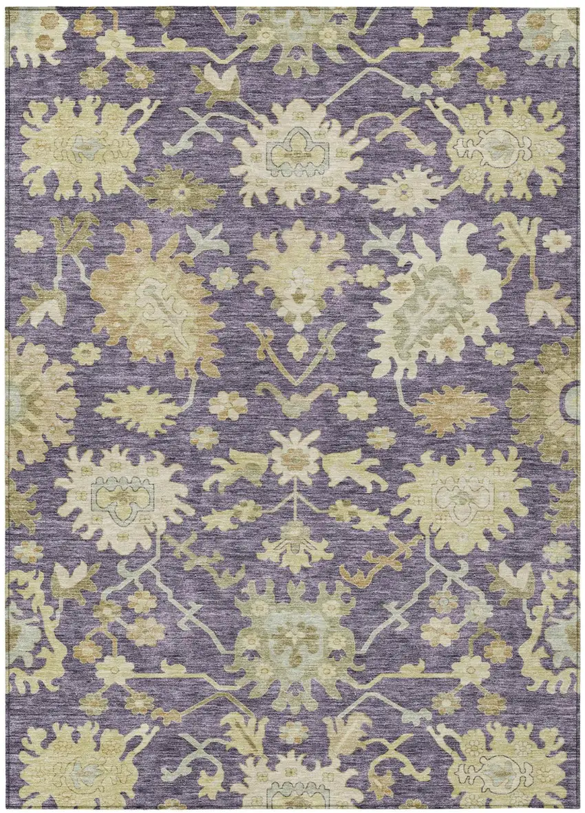 Eggplant Beige And Green Floral Washable Indoor Outdoor Area Rug Photo 2