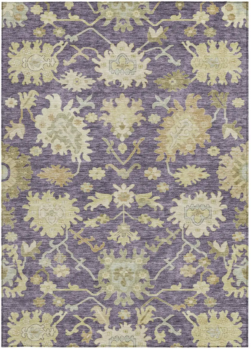 Eggplant Beige And Green Floral Washable Indoor Outdoor Area Rug Photo 7