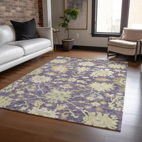 Eggplant Beige And Green Floral Washable Indoor Outdoor Area Rug Photo 8