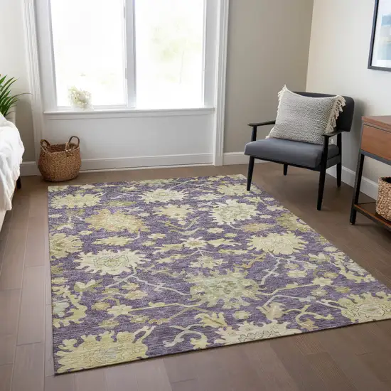 Eggplant Beige And Green Floral Washable Indoor Outdoor Area Rug Photo 9