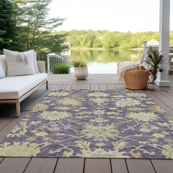 Eggplant Beige And Green Floral Washable Indoor Outdoor Area Rug Photo 8