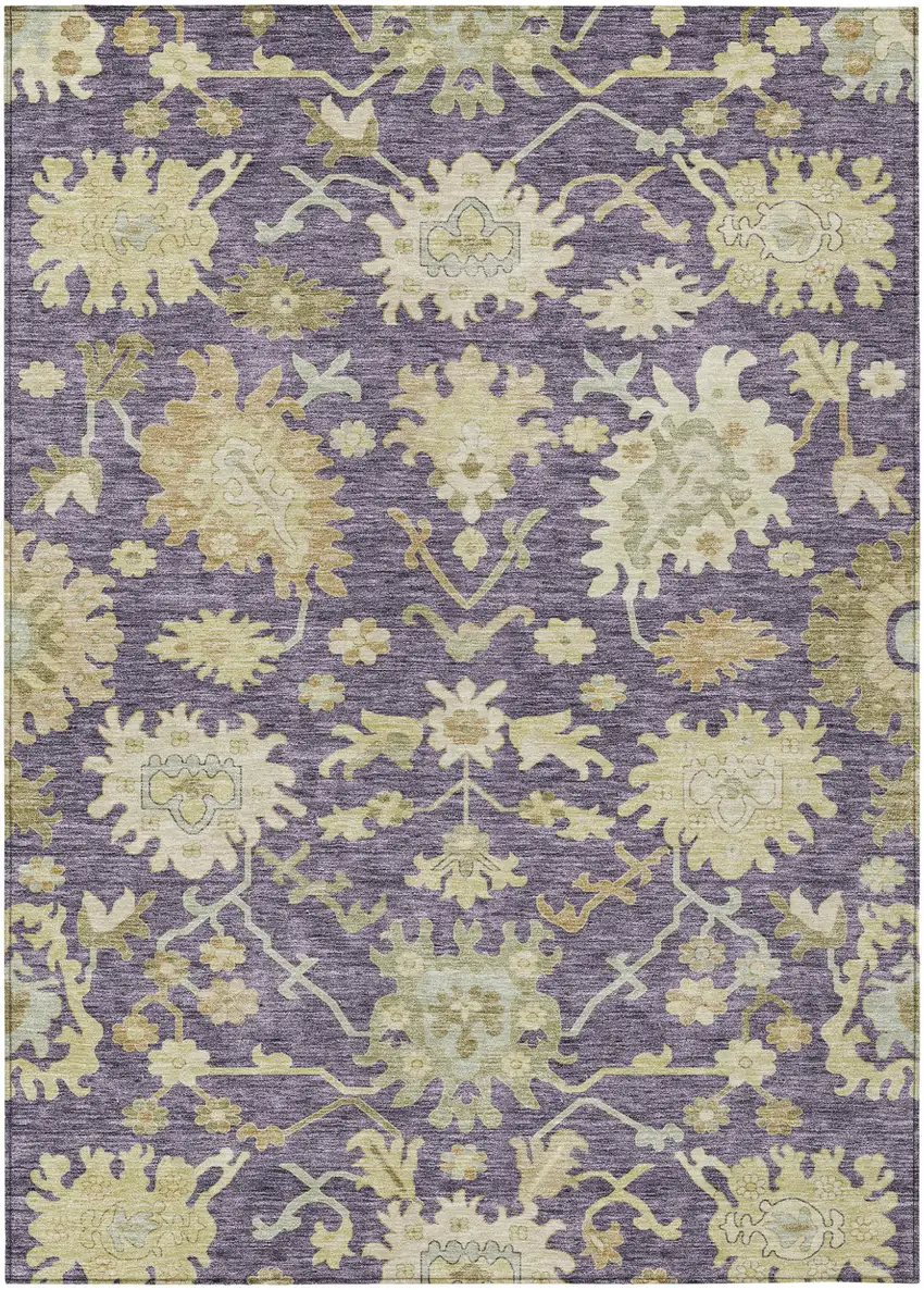 Eggplant Beige And Green Floral Washable Indoor Outdoor Area Rug Photo 2