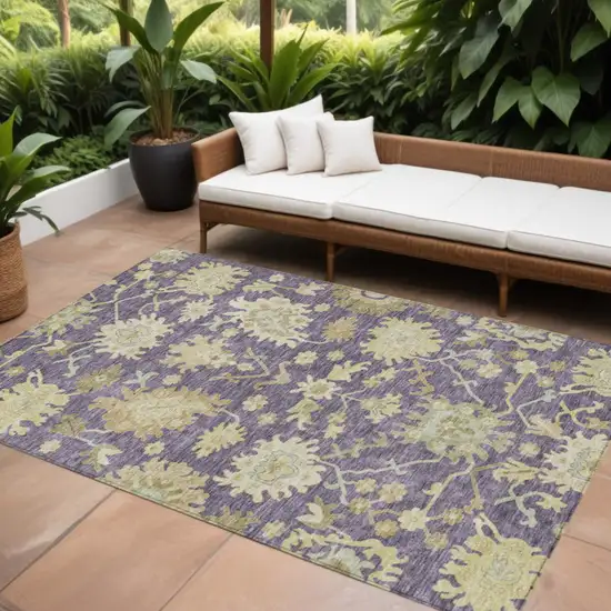 Eggplant Beige And Green Floral Washable Indoor Outdoor Area Rug Photo 1