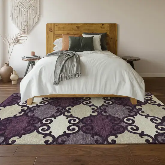 Eggplant Beige And Ivory Trellis Washable Area Rug With UV Protection Photo 6