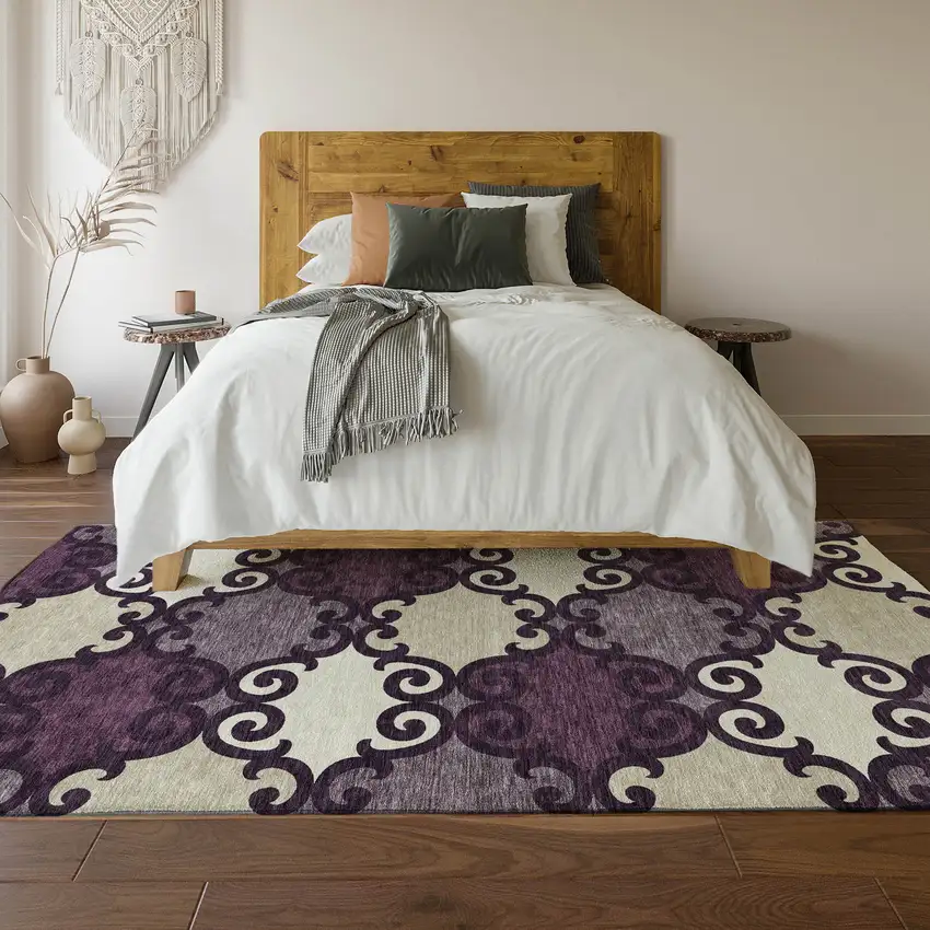 Eggplant Beige And Ivory Trellis Washable Area Rug With UV Protection Photo 6