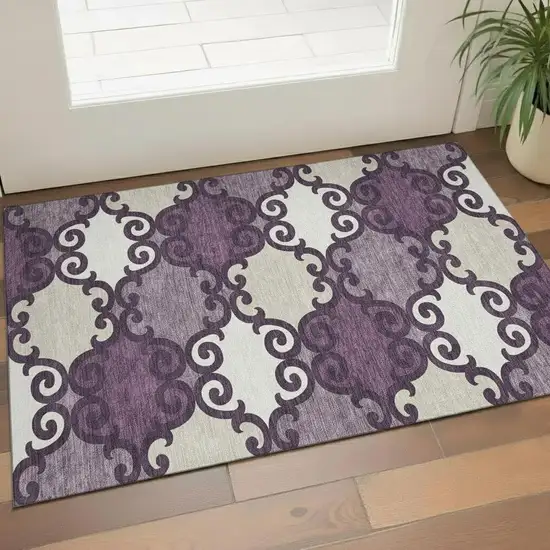 Eggplant Beige And Ivory Trellis Washable Area Rug With UV Protection Photo 1