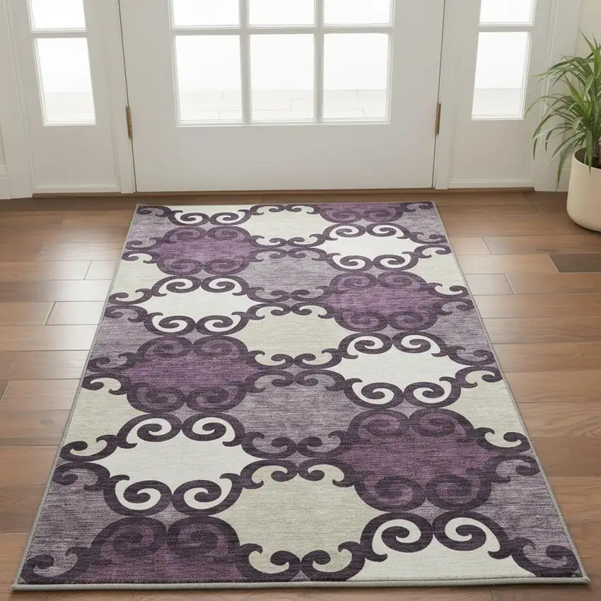 Eggplant Beige And Ivory Trellis Washable Area Rug With UV Protection Photo 2