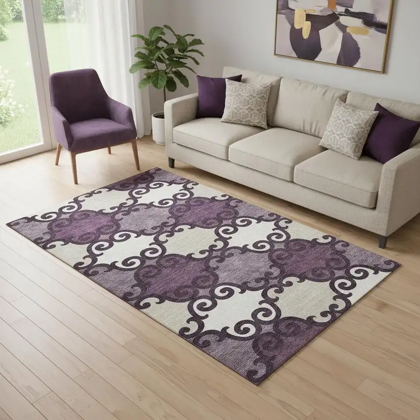 Eggplant Beige And Ivory Trellis Washable Area Rug With UV Protection Photo 1