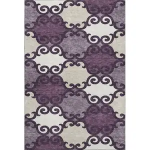 Photo of Eggplant Beige And Ivory Trellis Washable Area Rug With UV Protection