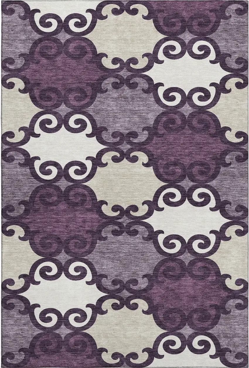 Eggplant Beige And Ivory Trellis Washable Area Rug With UV Protection Photo 1