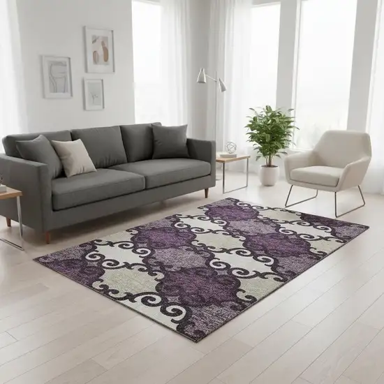 Eggplant Beige And Ivory Trellis Washable Area Rug With UV Protection Photo 2