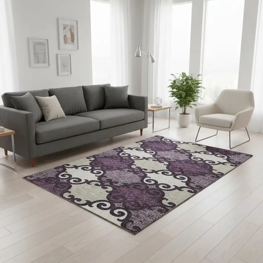 Eggplant Beige And Ivory Trellis Washable Area Rug With UV Protection Photo 2