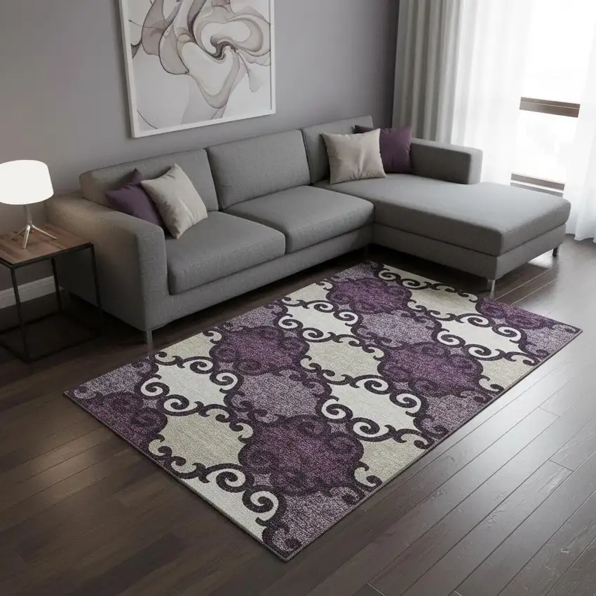 Eggplant Beige And Ivory Trellis Washable Area Rug With UV Protection Photo 2