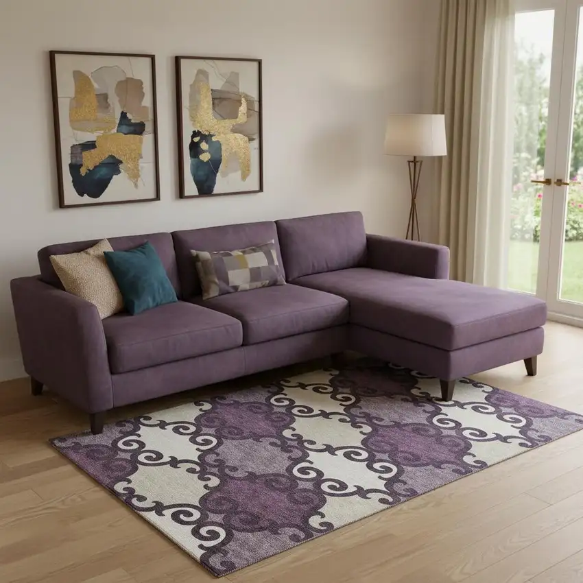 Eggplant Beige And Ivory Trellis Washable Area Rug With UV Protection Photo 1