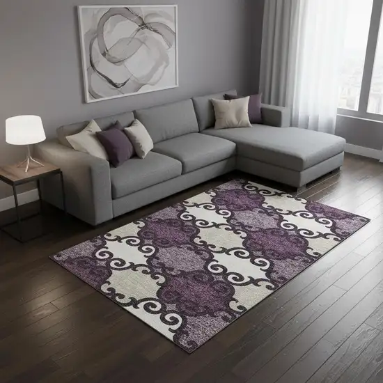 Eggplant Beige And Ivory Trellis Washable Area Rug With UV Protection Photo 2