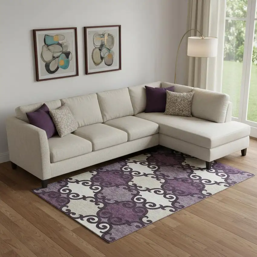 Eggplant Beige And Ivory Trellis Washable Area Rug With UV Protection Photo 1