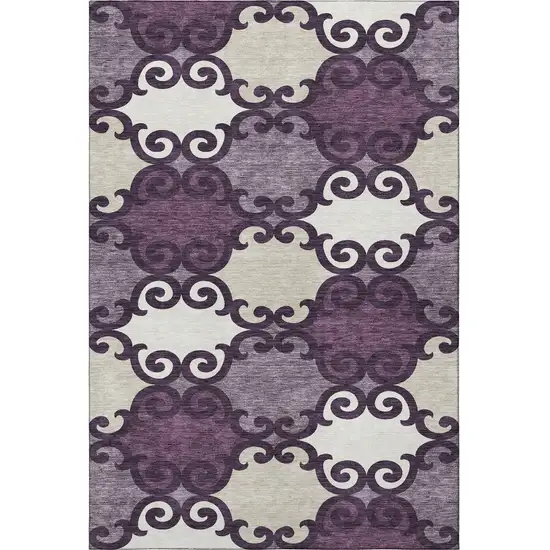 Eggplant Beige And Ivory Trellis Washable Area Rug With UV Protection Photo 4