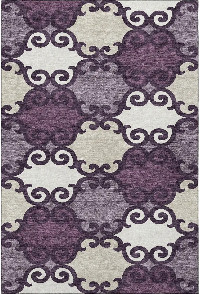 Eggplant Beige And Ivory Trellis Washable Area Rug With UV Protection Photo 4