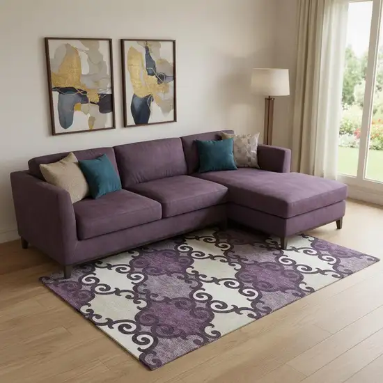 Eggplant Beige And Ivory Trellis Washable Area Rug With UV Protection Photo 1