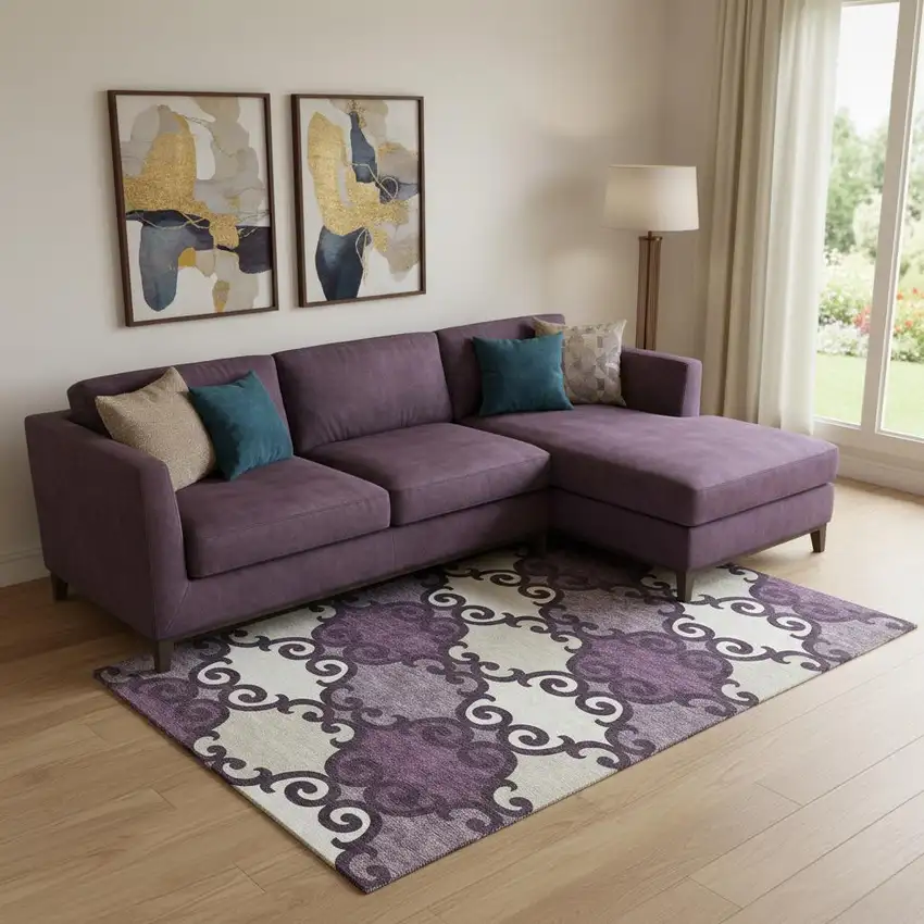 Eggplant Beige And Ivory Trellis Washable Area Rug With UV Protection Photo 1